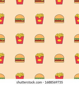 Tasty Burger And Fries. Fastfood Meal. Junkfood. Minimalistic Icons. Colored Vector Outline Illustration. Cartoon Style, Simple Flat Design. Seamless Pattern. Background, Wallpaper. Perfect For Prints