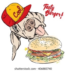Tasty burger and a fun dog. Vector illustration. 
