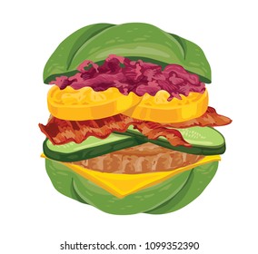 Tasty burger with green bread isolated on white