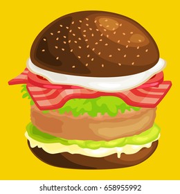 tasty burger grilled beef and fresh vegetables dressed with sauce in bun for snack or lunch, hamburger is classical american fast food meal usual menu could be barbecue meat bread tomato cheese