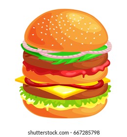tasty burger grilled beef and fresh vegetables dressed with sauce in bun for snack or lunch, hamburger classical american fast food meal usual menu could be barbecue meat bread tomato cheese on white