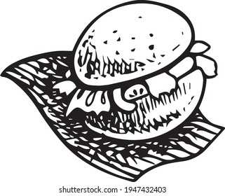 Tasty burger (hamburger) - black and white image. Isolated element on white background. Vector illustration made after hand drawn sketch. Street food collection for fast food restaurants, menu etc.