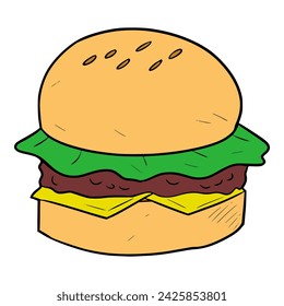 Sabrosa ilustración de hamburguesa dibujada a mano de color	