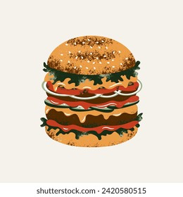 Tasty burger illustration. Hamburger with onions and tomatoes