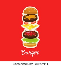 tasty burger with isolated components illustration with red background and handwriting burger sign