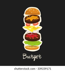 tasty burger with isolated components illustration with black background and handwriting burger sign