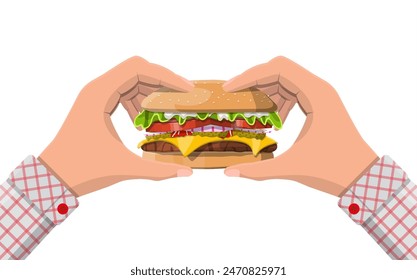 Sabrosa hamburguesa aislada en las manos. Hamburguesa con cebolla, pepino salado, ensalada, tomates, queso, salsa, pan con semillas de sésamo y chuleta de ternera. Comida rápida. Ilustración vectorial.