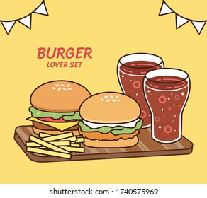 Tasty burger meal set: meat cheeseburger, chicken fried burger with french fries and a glass of cola. Traditional fast food menu icon vector illustration flat design drawing.