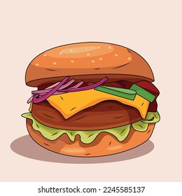 tasty Burger with meat . Vector isolated object