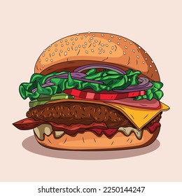 tasty Burger with meat . Vector isolated object