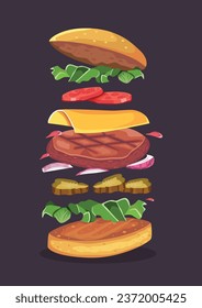 tasty Burger with meat . Vector isolated object