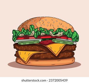 una sabrosa hamburguesa con carne. Objeto aislado del vector