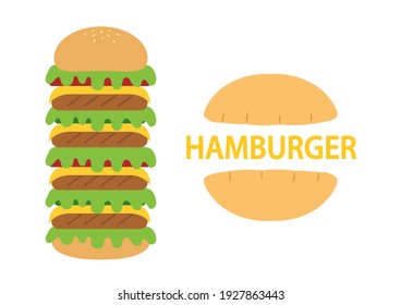 Tasty burger on white background, cheeseburger with cheese sausage tomato cucumber and vegetables. Hamburger icon, Vector illustration.