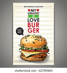 Tasty burger poster. Sketch + watercolor style. Vector illustration.