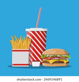 Tasty burger, red striped paper glass with drinking straw, french fries in white paper box. Cup of cola with fries and cheeseburger. Fast food. Vector illustration in flat style