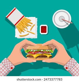 Tasty burger, red striped paper glass with drinking straw, french fries in white paper box. Cup of cola with fries and cheeseburger. Man eating fast food. Top view. Vector illustration in flat style