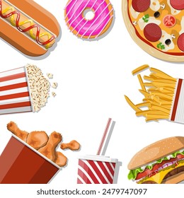 Tasty burger, red striped paper glass with drinking straw, french fries in white paper box, chicken legs in bucket, popcorn, pizza and hotdog. Fast food. Vector illustration in flat style