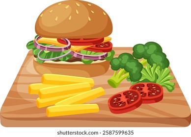 Tasty burger served with fries and fresh vegetables