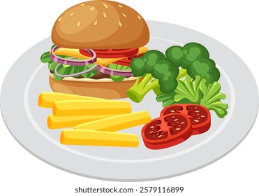 A tasty burger served with fries and veggies