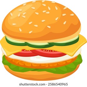 Tasty burger with sesame bun, meat, cheese, cucumber, tomato, lettuce and mayonnaise filling isolated on white background representing delicious fast food meal