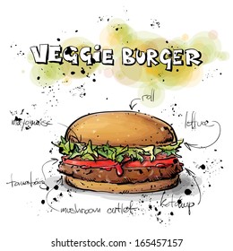 Tasty burger. Sketch + watercolor style. Vector collection.