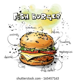 Tasty burger. Sketch + watercolor style. Vector collection.
