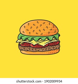 Tasty burger, symbol of fast food. Vector