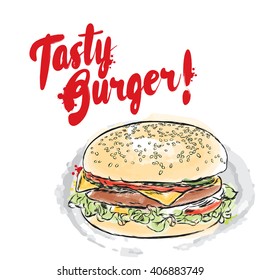 Tasty burger. Vector illustration. 