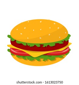 Tasty burger vector isolated. Meat, salad, tomato and cheese between the buns. Delicious snack, fast food.