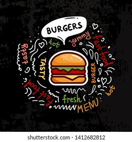 Tasty burgers, fast food poster. Vector color flat illustration for poster, label and menu cafe fast food.