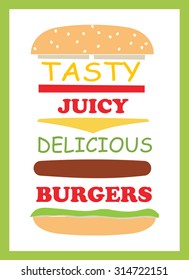 Tasty burgers poster, vector illustration