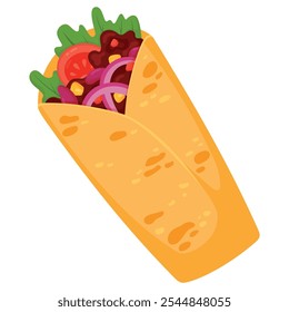 Ilustração de burrito saborosa isolada sobre fundo branco. Lanche de fast-food mexicano, comida de rua tomar tex mex refeição. Tortilla rolo recheado com carne, feijão e vegetais