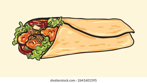 Tasty burrito illustration featuring fresh lettuce, grilled meat, tomatoes, and cheese in a hand-drawn style. Perfect for menus, food packaging, branding, and culinary-themed content.