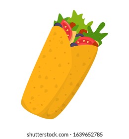 Tasty burrito vector isolated. Mexican cuisine, delicious snack. Green salad, tomato and chicken ingredients. Spicy kebab. Fresh tortilla.