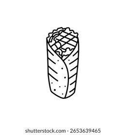 A tasty burrito wrap shown as a solid black silhouette icon. A simple graphic for a Mexican food restaurant menu or fast food brand.