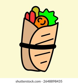 Tasty burrito wrap with smiling carrot and colorful fillings in kawaii cartoon style. Ideal for food branding, healthy menu design, and fun culinary visuals