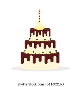 Tasty cake with chocolate cream and candle for birthdays, weddings, anniversaries and other celebrations. Vector illustration of a flat design isolated on white background