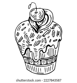 Tasty cake or cupcake, food sketch drawing. Vintage line style illustration. For bakery, restaurant and cafe design