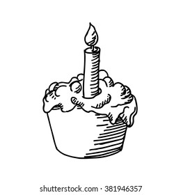 Tasty cake or  cupcake or muffin, with birthday
candle,  food sketch  drawing. Vintage line style illustration. 
For bakery, restaurant and  cafe design
