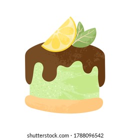 Tasty cake decorated with lemon slice and chocolate. Cheesecake with topping and lime isolated on white background. Cheese dessert. Flat vector illustration in cartoons style with texture.