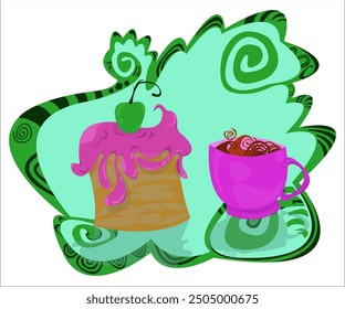 A tasty cake with a green cherry and a pink cup with trendy tea; green funky background. This cartoon illustration can be used as a logotype for cafes, funky shops, homemade parties. Vector, isolated.