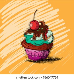 Tasty cake. Hand drawn cupcake in yellow background.