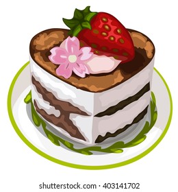 Tasty cake in heart shape with strawberry isolated on white background. Vector illustration.