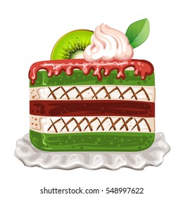 Tasty cake with kiwi on white background