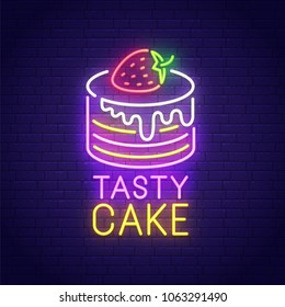 Tasty Cake neon sign, bright signboard, light banner. Cake logo, emblem. Vector illustration