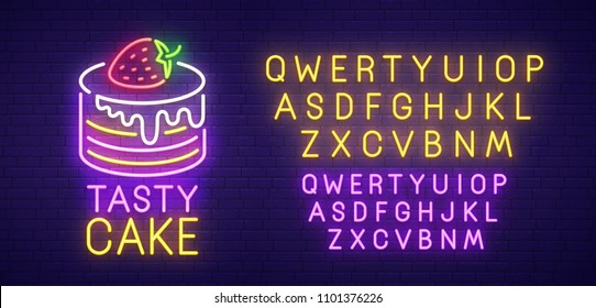 Tasty Cake  neon sign, bright signboard, light banner. Cake  logo, emblem. Neon sign creator. Neon text edit