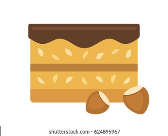 Tasty cake with nuts and chocolate, flat style vector illustration.
