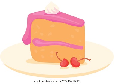 Tasty cake slice on plate. Sweet dessert icon isolated on white background
