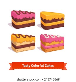 Tasty cake slices with frosting and cream. Flat style illustration. 