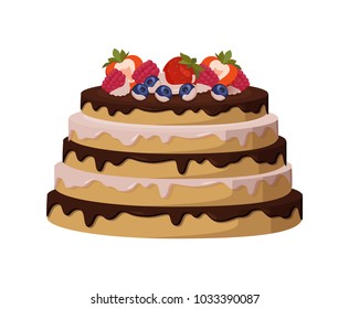 Tasty cake with sweet glaze between soft biscuit corns decorated with ripe strawberries, sour blackberries and sweet raspberries vector illustration.
